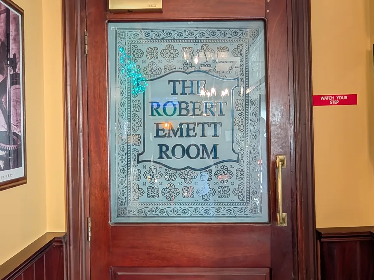 Etched glass door marking the Robert Emmet Room
